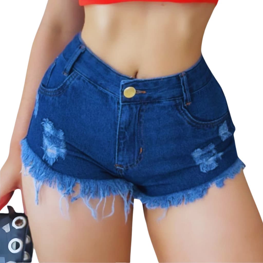 Short Jeans Feminino Azul Escuro Curto Barra Desfiada