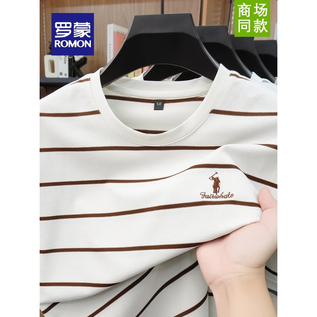 [Algodão Xinjiang] Romon Camiseta masculina listrada de manga curta de verão com gola redonda bordada de alta qualidade