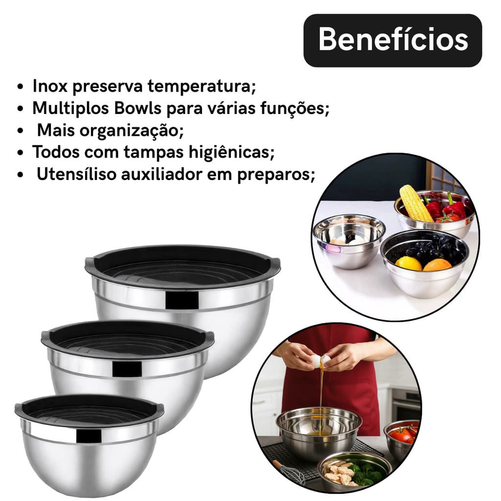 Kit 3 Bowls Aço Inox com Tampa de Silicone 18/20/22cm para Preparo e Armazenamento de Alimentos