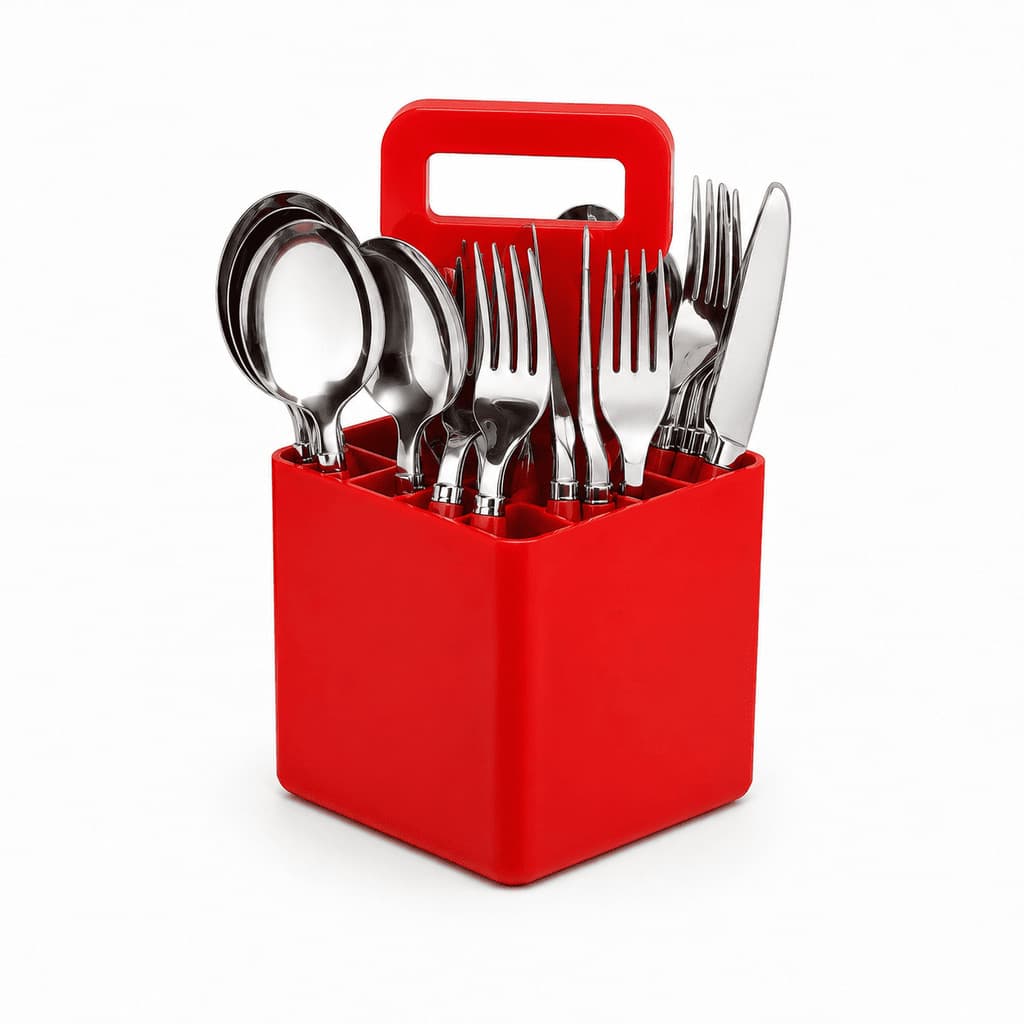 Conjunto de Talheres Verona 25 Peças Vermelho com Suporte Organizador Cozinha Mesa Posta