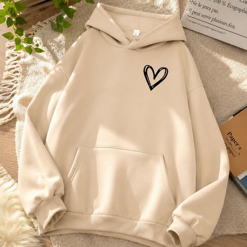 Moletom Feminino Canguru Com Capuz Fofinho Estampa Coração Casual Inverno