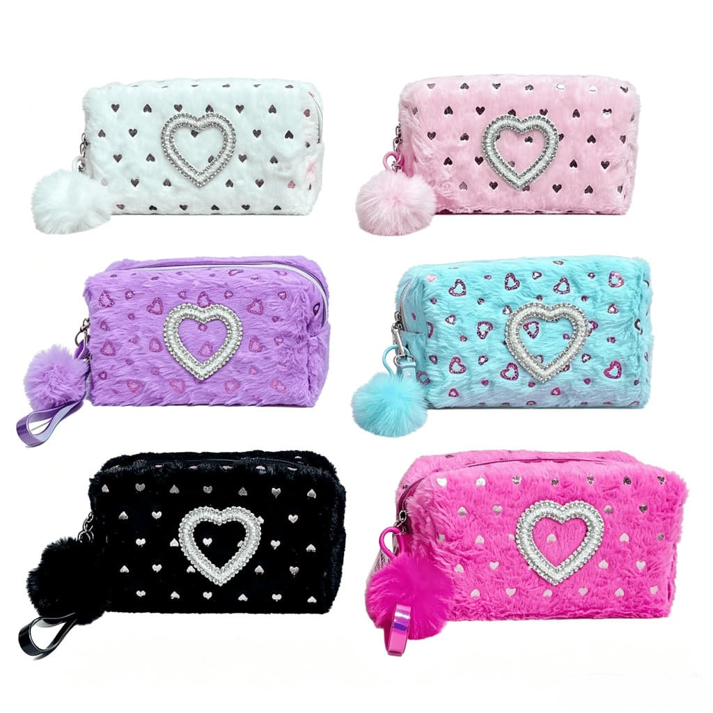 Necessaire de Pelúcia Macia com Coração de Strass e Pompom para Maquiagem Cosméticos Viagem e Uso Diário