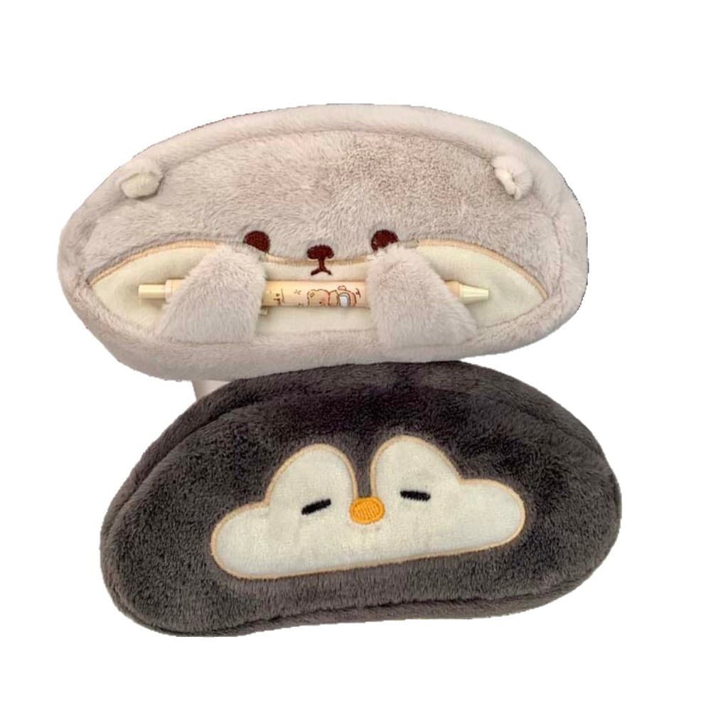 Estojo de Lápis de Pelúcia com Desenho de Pinguim e Lontra, Grande Capacidade para Estudantes