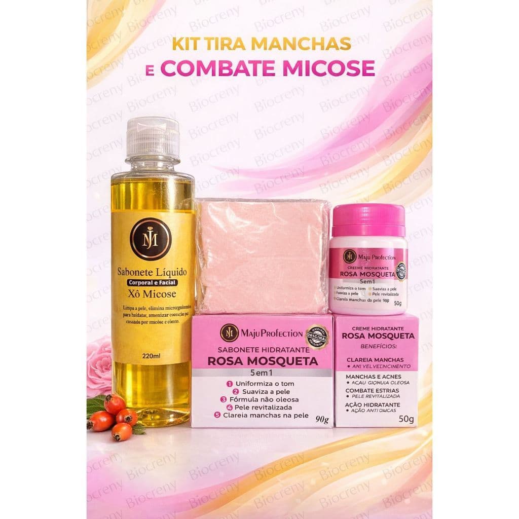 Kit Tratamento de Melasma Sabonete barra e Pomada Rosa Mosqueta  Tira manchas +  Liquido  tira mancha  micoziu