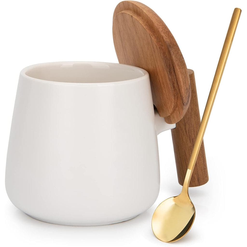Caneca de Cerâmica para Café, Xícara de Chá para Escritório e Casa, Caneca de 14 Oz com Tampa e Colher de Café, Presente