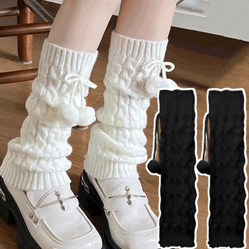 Polainas Lolita De Malha De 37 Cm-Com Laço E Bola De Pelo-Meias De Crochê-Capas Térmicas Para Pernas De Inverno Longas F