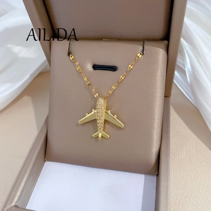 Colar de Aço Titânio Colar de Aço Tridimensional Avião Tridimensional Avião de Luxo Lindo e Lindo Colar de Diamante