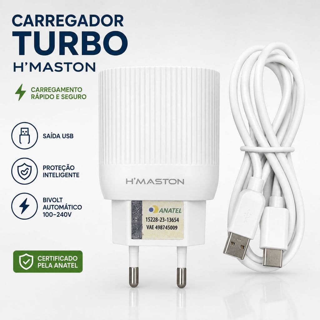 Carregador Rápido Tipo C - 15W USB Duplo + Cabo 1m Android e iOS h'maston