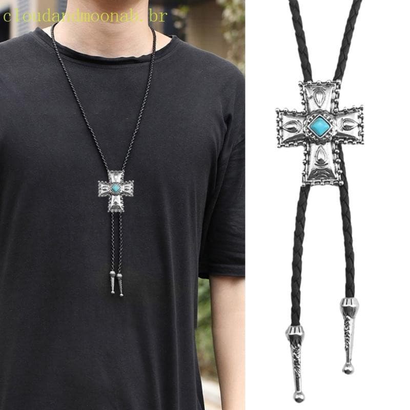 CLO Colar Corda Couro , Cruzes Metal , Pingente Pedra , Joia , Gravata Ocidental , Bolo Para Homen
