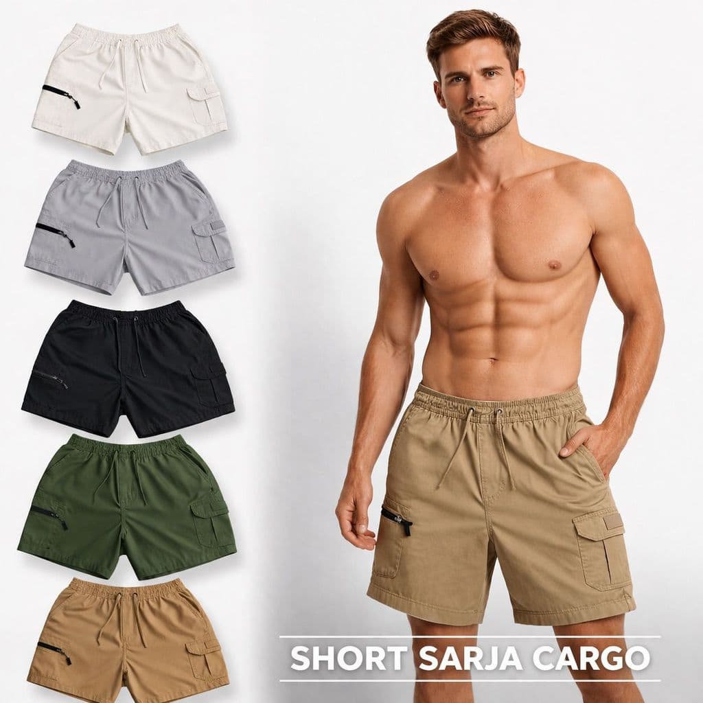 Short Cargo Masculino - Dois bolsos - 1 bolso com zíper - Envio Imediato