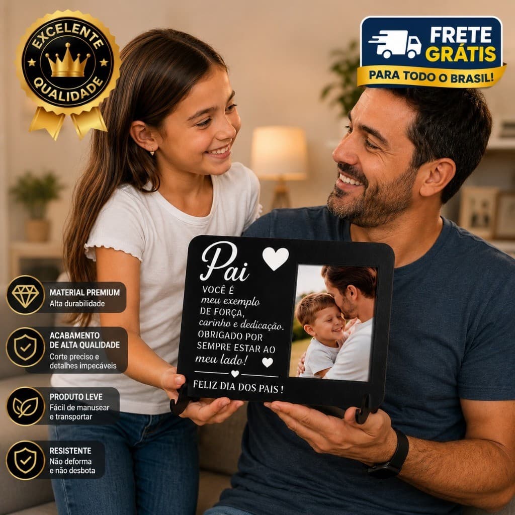 Porta Retrato Dia dos Pais com Frase Especial em MDF Preto + Foto 10x15cm + Suporte Bigode | Presente Criativo para Pai