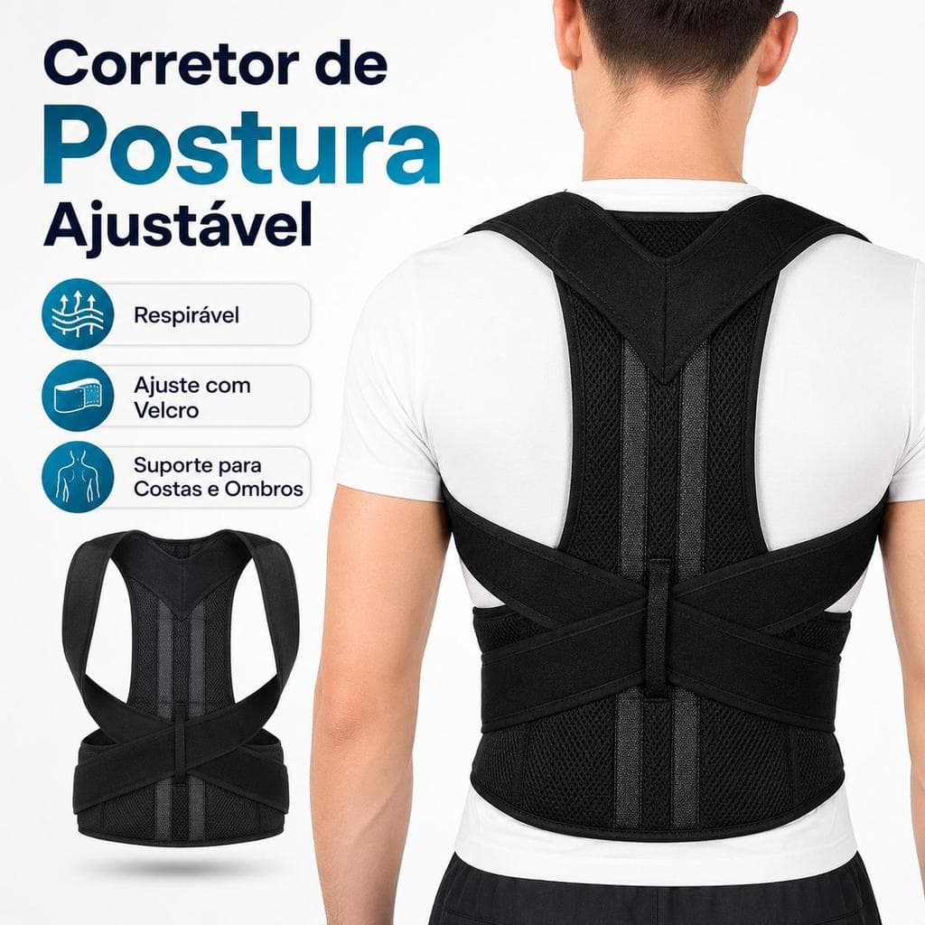 Corretor de Postura Ajustável Unissex com Velcro, Suporte para Costas e Ombros, Respirável e Confortável para Uso Diário