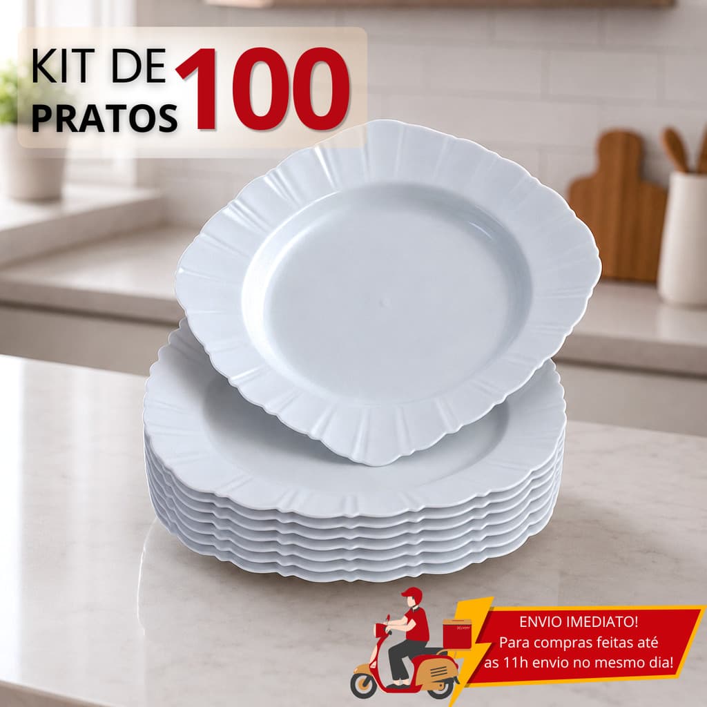 Kit 100 Pratos Plástico Quadrado Resistente, Leve, Reutilizável, Ideal pra Festas Eventos