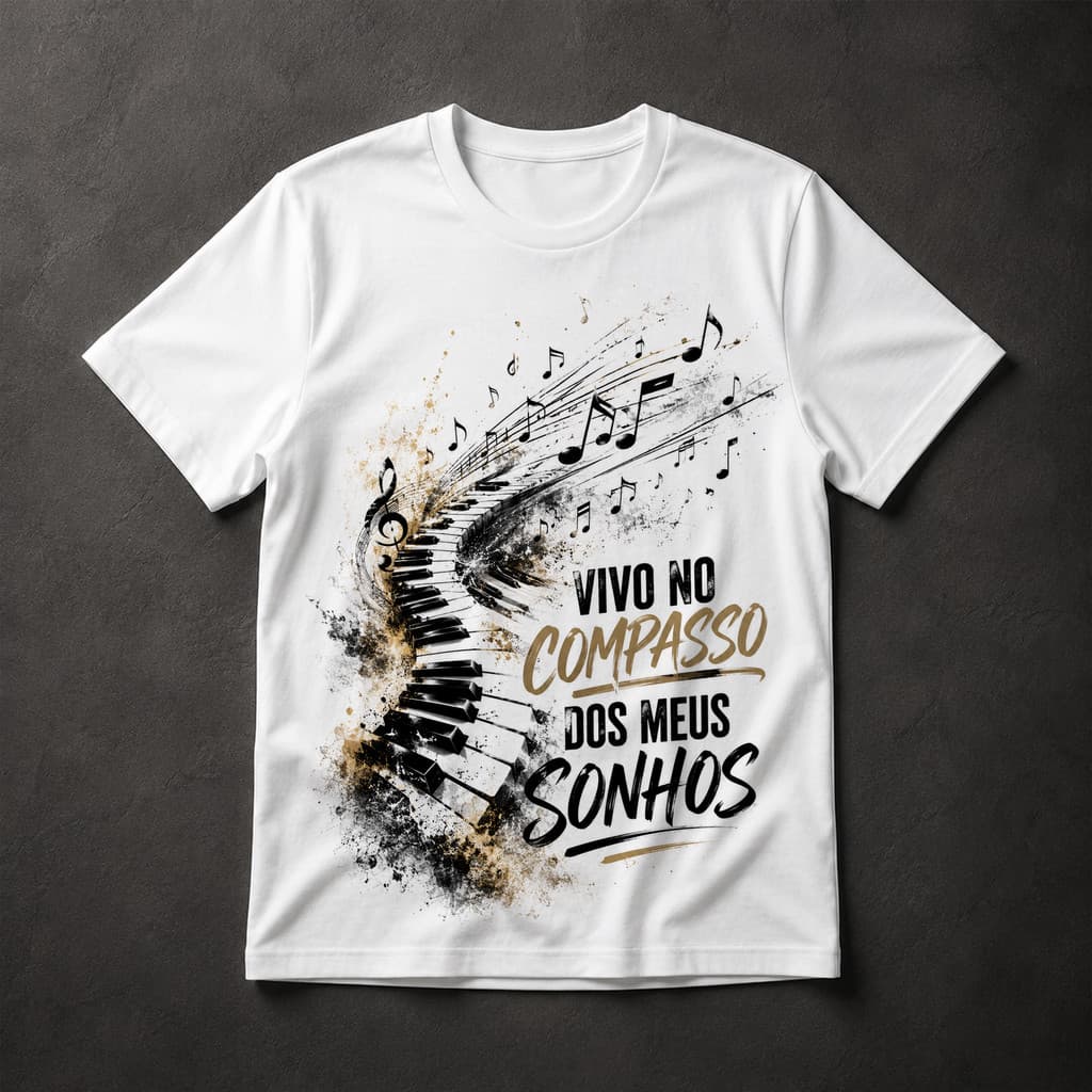 Camiseta Masculina Piano Música Vivo no Compasso dos Meus Sonhos Notas Musicais