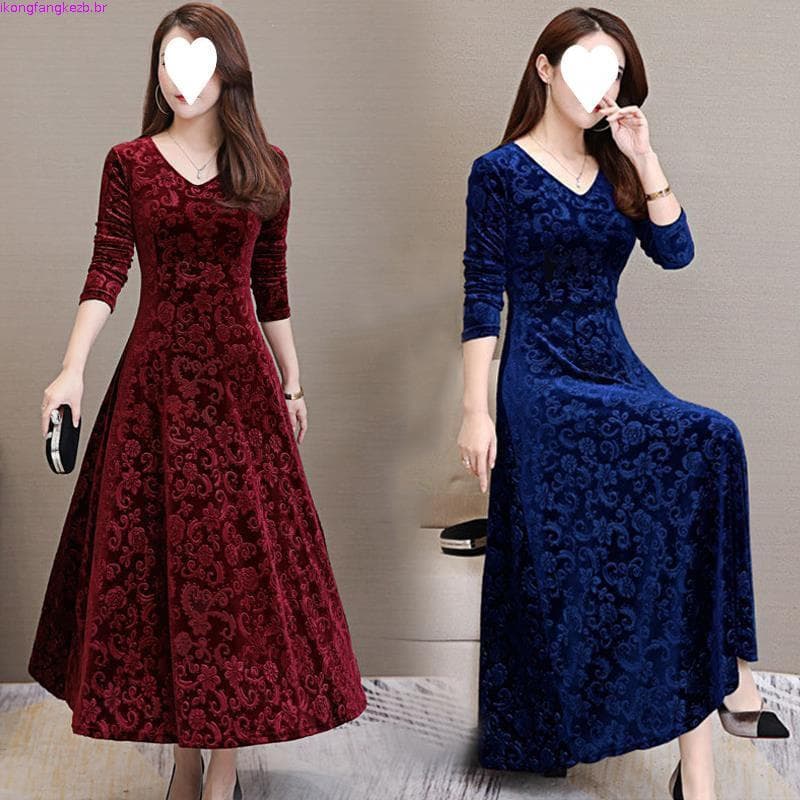 Vestido Longo Evasê Slim-Fit de Veludo Dourado com Manga Comprida, Novo Estilo Primavera/Outono 2026, para Mães, Tamanho