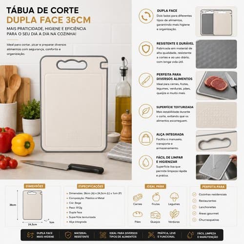 Tabua Corte Grande 36cm Resistente Cozinha Design Moderno Bege