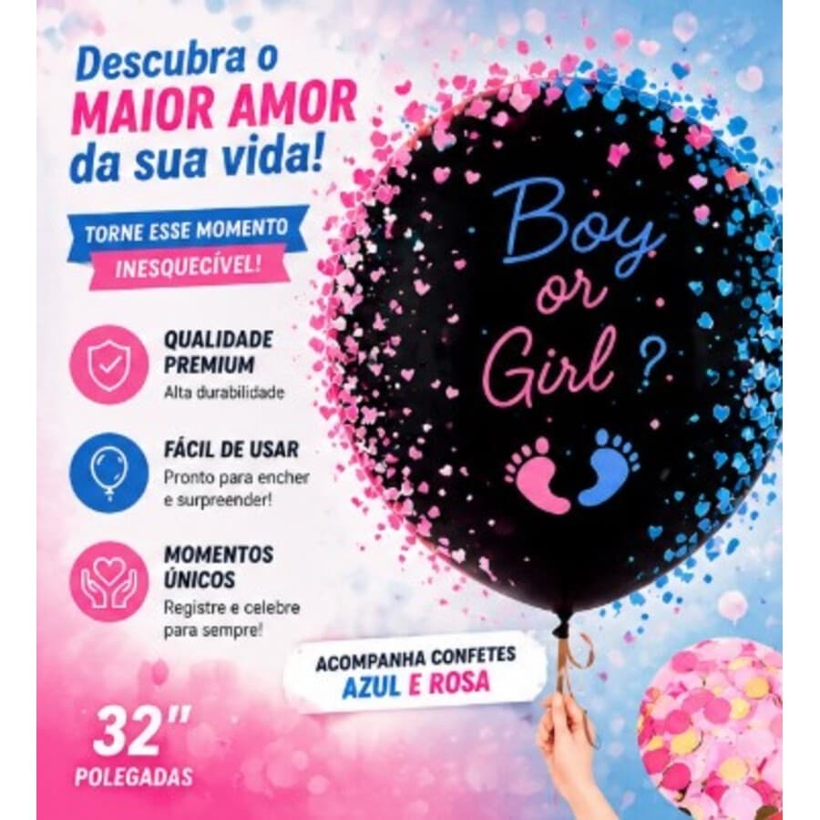 Balão Chá Revelação 32" Gigante Menino ou Menina com Confetes Azul e Rosa