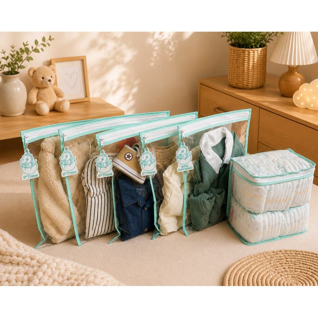 Kit Organizador Maternidade 5 Saquinhos Bebê Mala Bolsa Com 5 Tags Bordadas 1 Porta Fralda Luxo