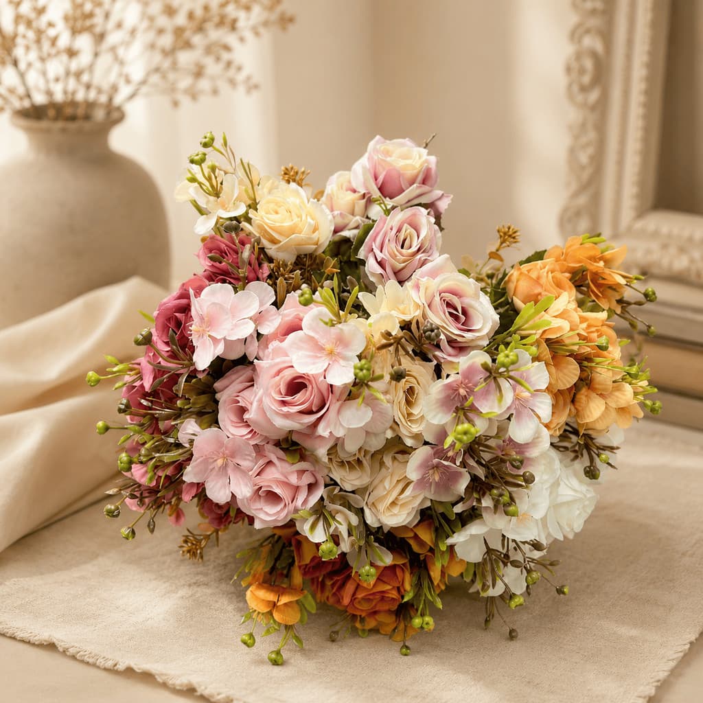 Buquê de Mini Rosas e Flores Silvestres Artificiais 35cm com 7 Ramos/h0003