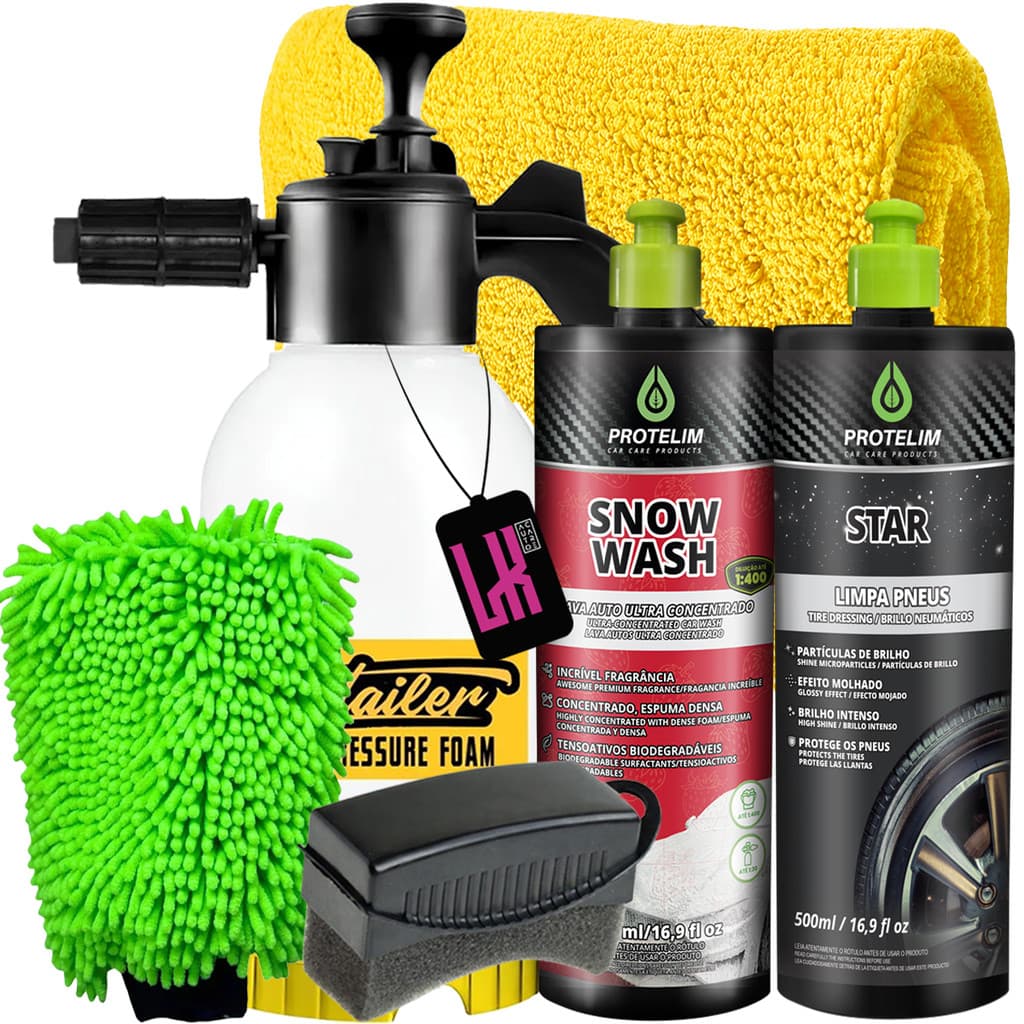 Kit Lavagem Melhor Custo Pulverizador Snow Foam 2l Snow Wash Shampoo Neutro Star Pneu Pretinho Brilho