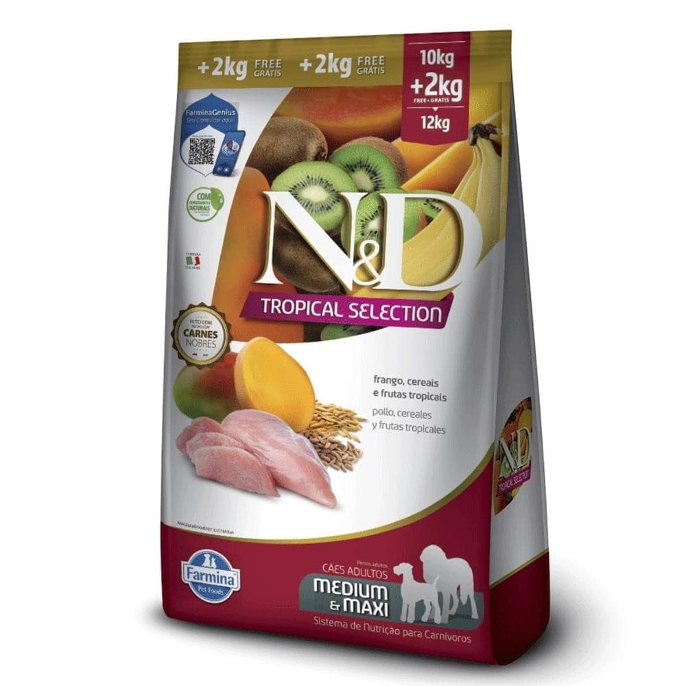 Ração 10,1Kg N&D Tropical Selection Cães Adultos Raças Médias e Grandes Frango 10,1Kg