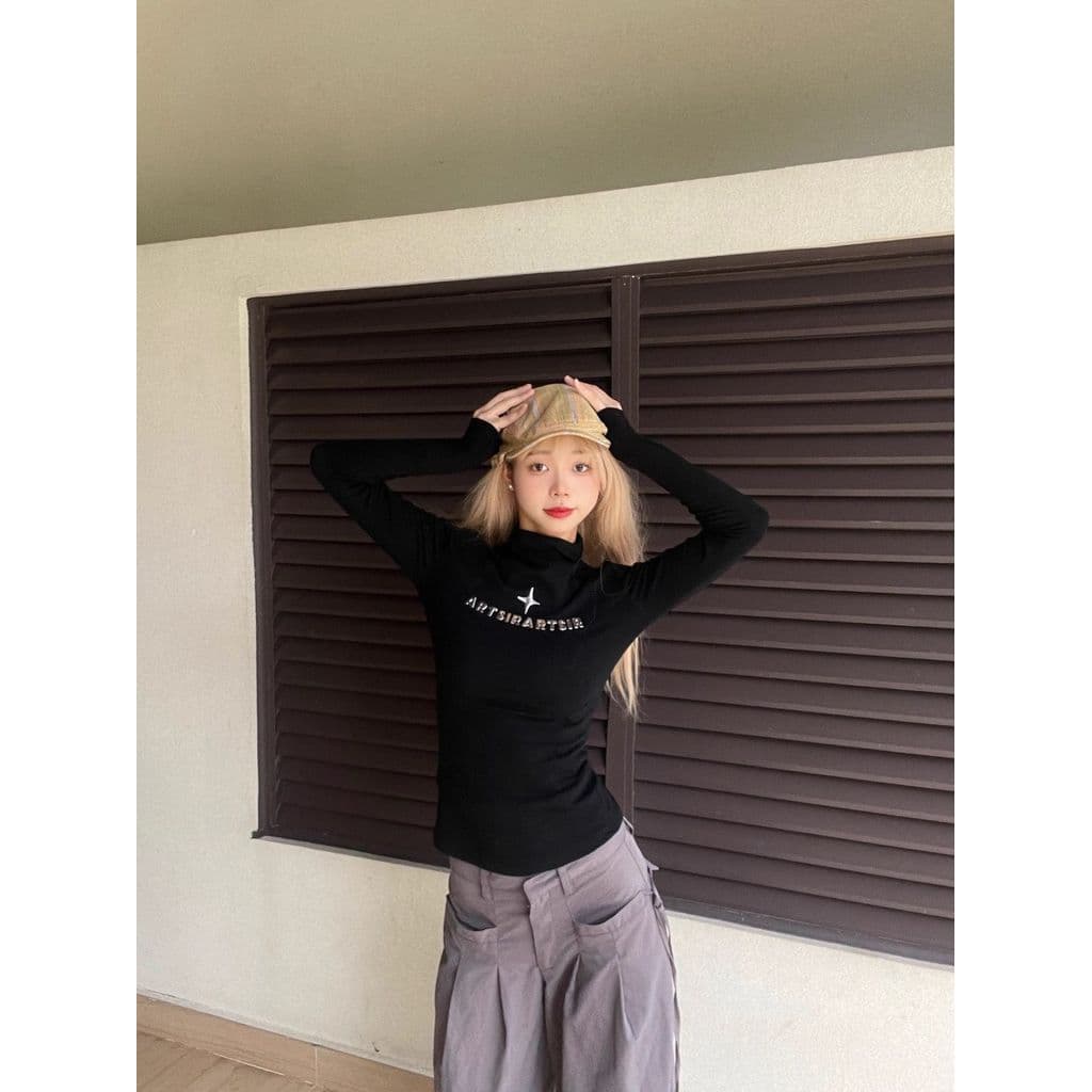 Americano quente menina dupla face de manga comprida camiseta feminina meia gola alta exterior usar camisa de fundo inte