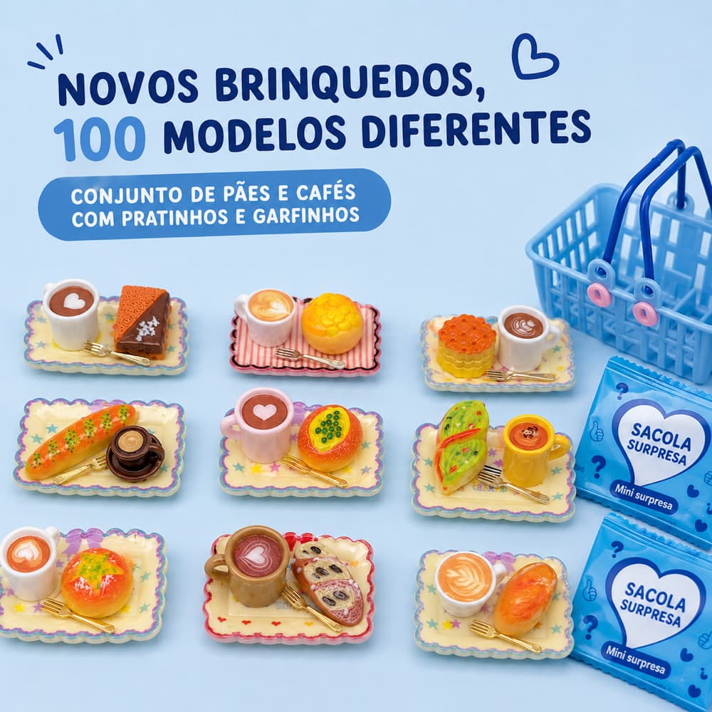 Kit Mini Sobremesa Café e Pão em Miniatura com Prato e Garfo Surpresa Aleatória