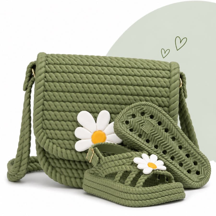 Kit Sandália Infantil Menina Flor Margarida com Bolsinha Leve Confortável