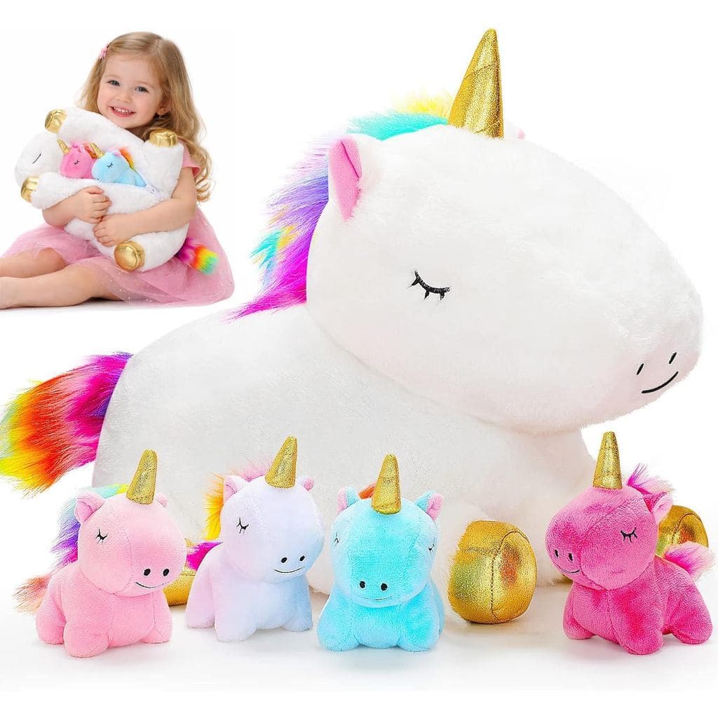Brinquedos KMUYSL para Meninas de 0 a 8+ Anos - Boneca de Pelúcia Mãe Unicórnio com 4 Filhotes de Unicórnio na Barriga,