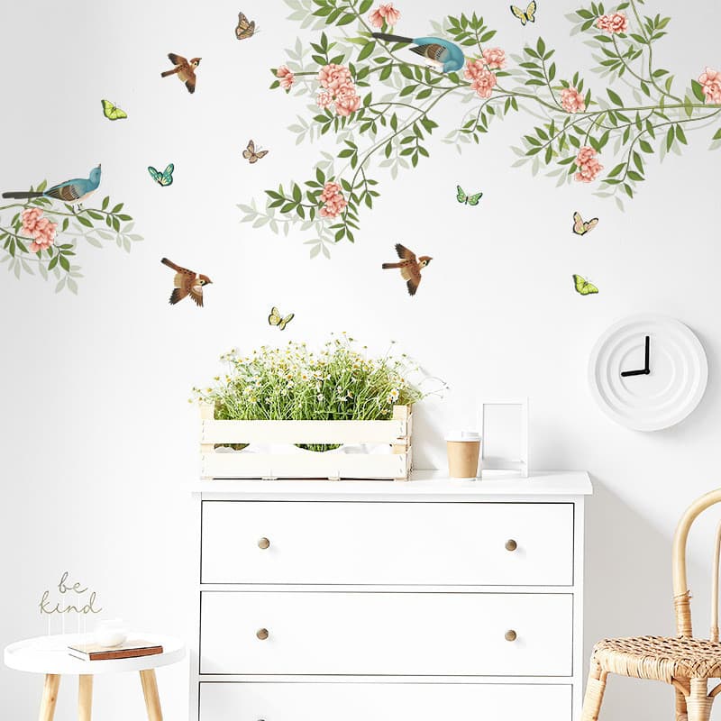 Estilo chinês ramo fresco flor pássaro quarto sala de estar decoração parede casa adesivo