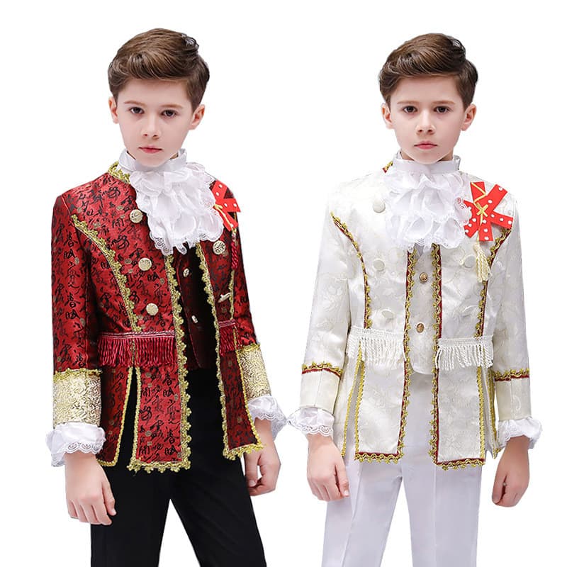 Crianças cavalo branco príncipe Cosplay traje tribunal europeu vestido Retro europeu dia das crianças príncipe traje de