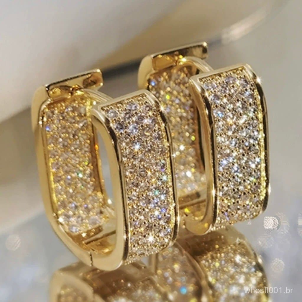 Brincos Feminino Argola quadrada cravejada Dentro e Fora pedra de zirconia folheado a ouro 18k e prata 925