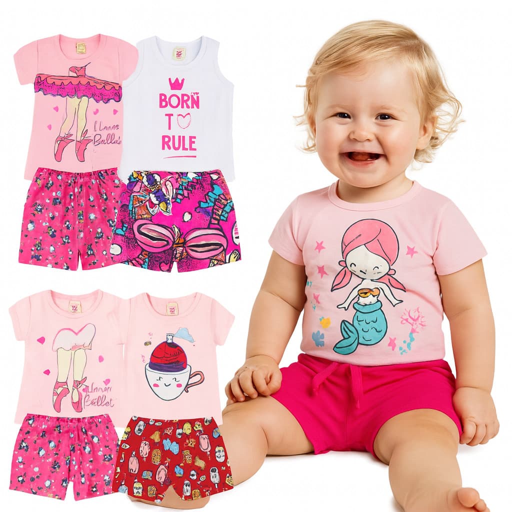 Kit 4 Peças de Roupas Infantil Menina Kit com 2 Conjuntos SORTIDOS Feminino-  (2 Camisetas + 2 Shorts = 4 peças)