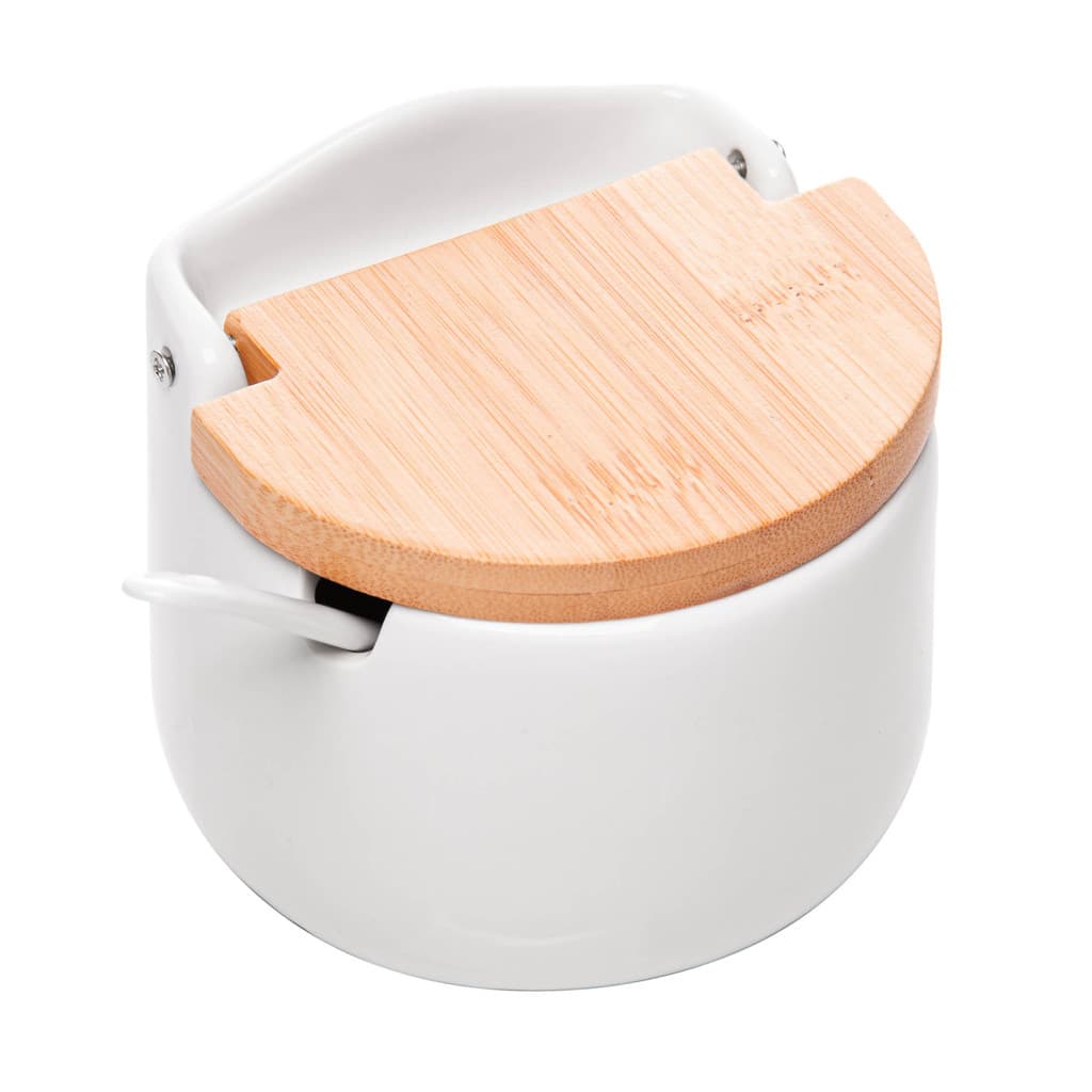Saleiro De Mesa Porcelana Com Tampa De Bambu E Colher Lyor