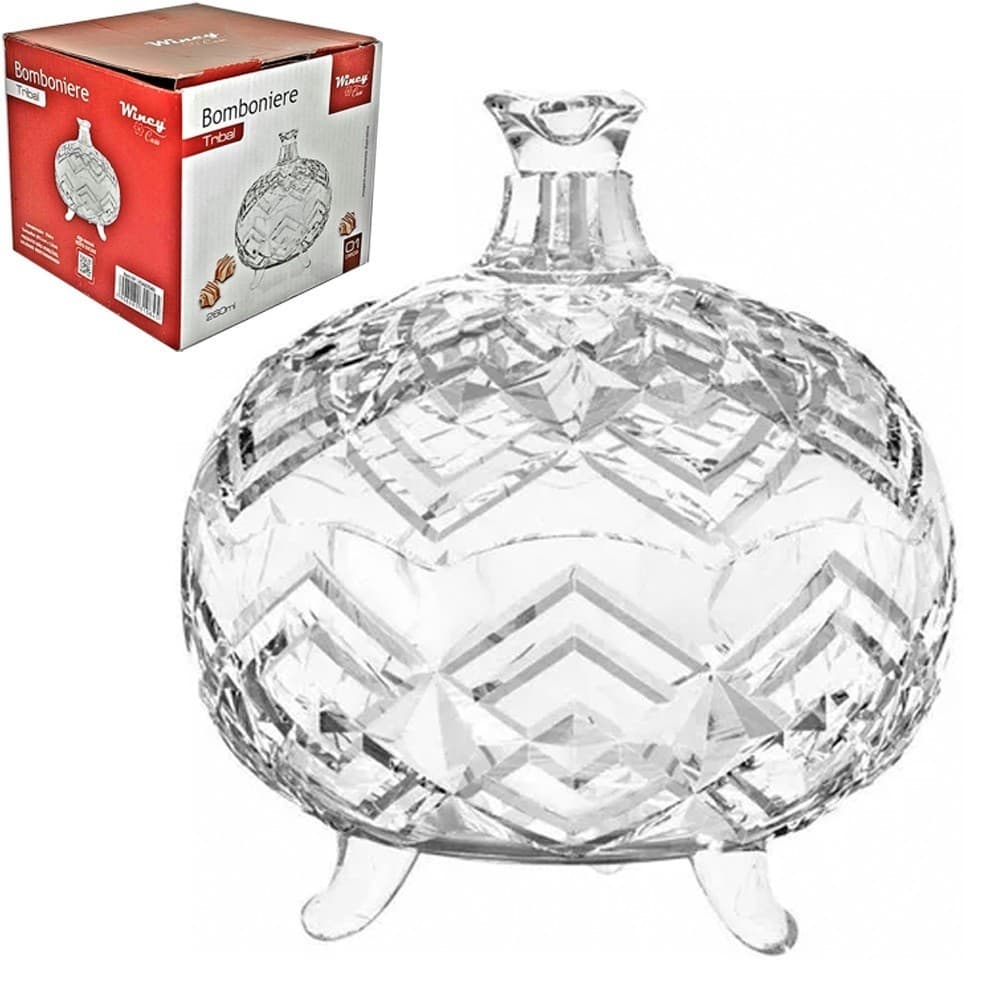 Bomboniere De Vidro Com Pe E Tampa Tribal 260ml 12x11cm