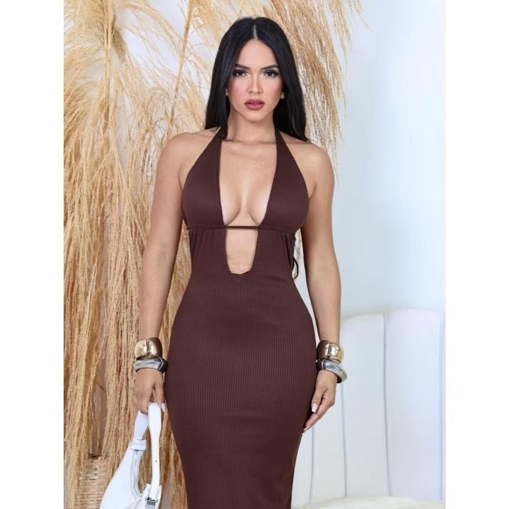Vestido Longo Sensual SUPLEX Decote Amarração Costa Blogueirinha