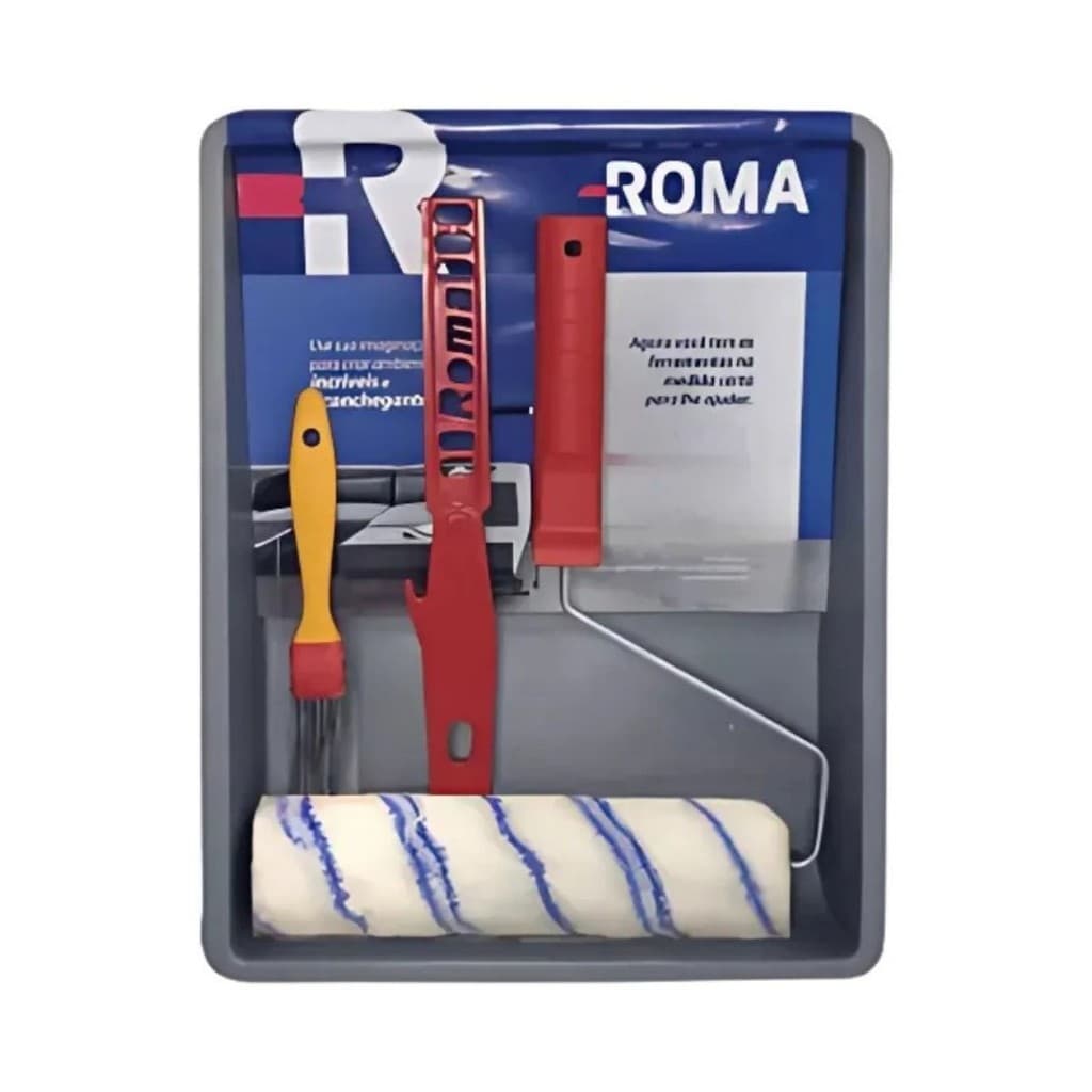 Kit Pintura Suporte+Rolo+Bandeja+Trincha+Espátula Roma 5 Peças