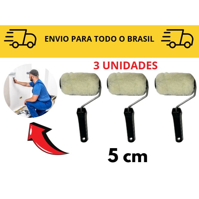 3 Rolos para pintura Lã 5cm / rolo de pintura com cabo / acabamento pintura