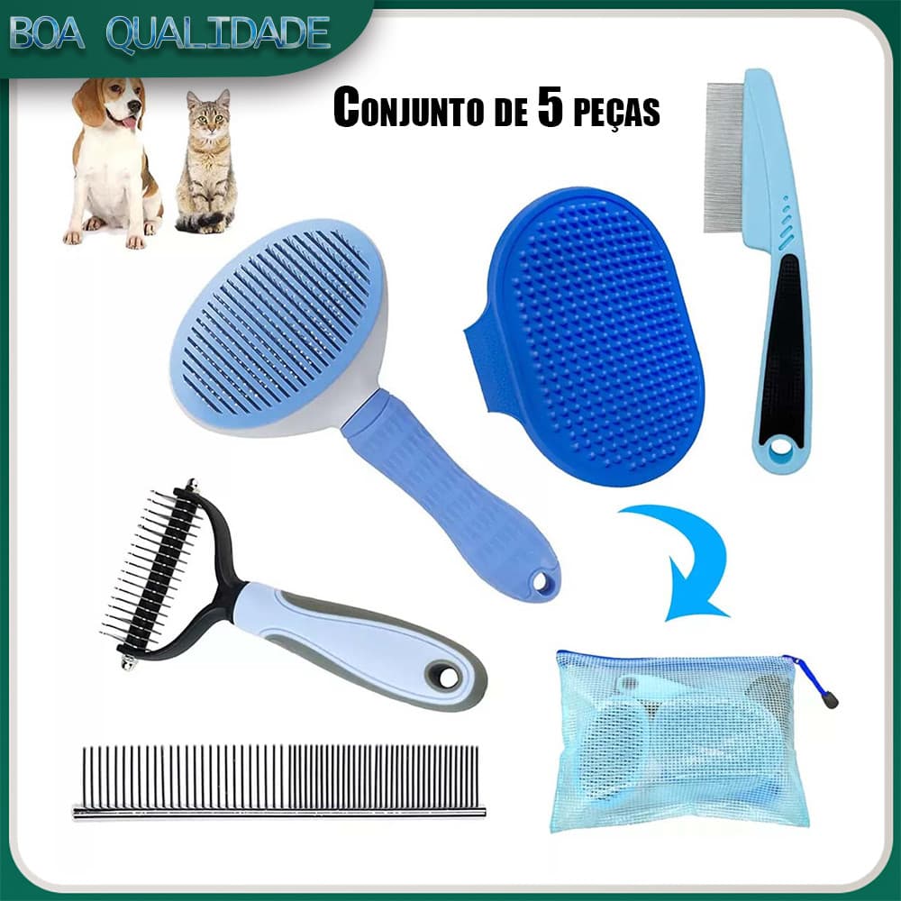 Escova para cuidados com animais de estimação, conjunto de 5 peças, escova para remoção de pelos, pente reto, escova de