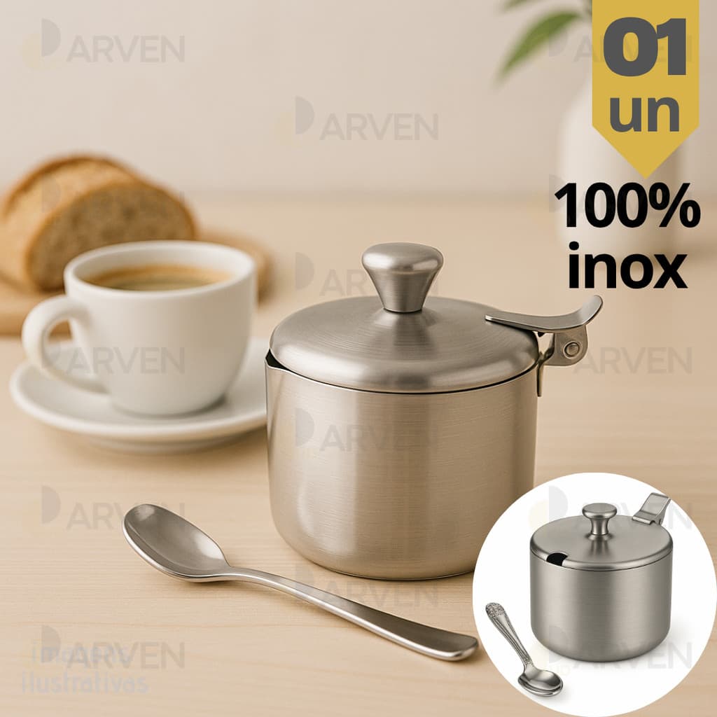 Açucareiro Aço Inox Com Colher Para Açúcar Chá Café 200g