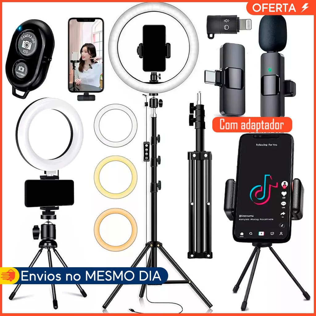 Kit Tiktok 2 Hing Light LED Microfone Lapela Bluetooth Adaptador Controle Selfie Vídeo Profissional