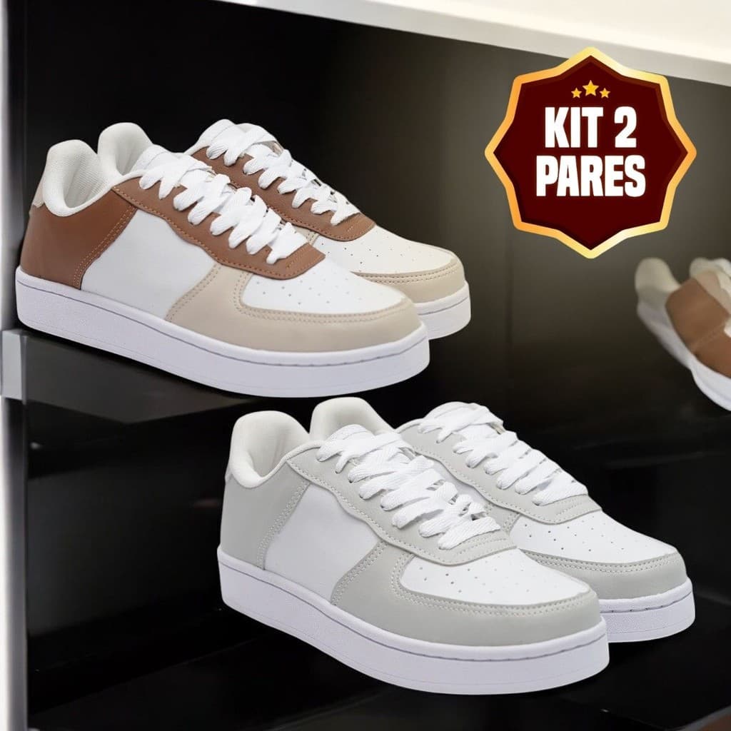 Kit 2 Tênis Unissex - Para Todos os Estilos, nas Cores Branco, Preto, Cinza e Caramelo