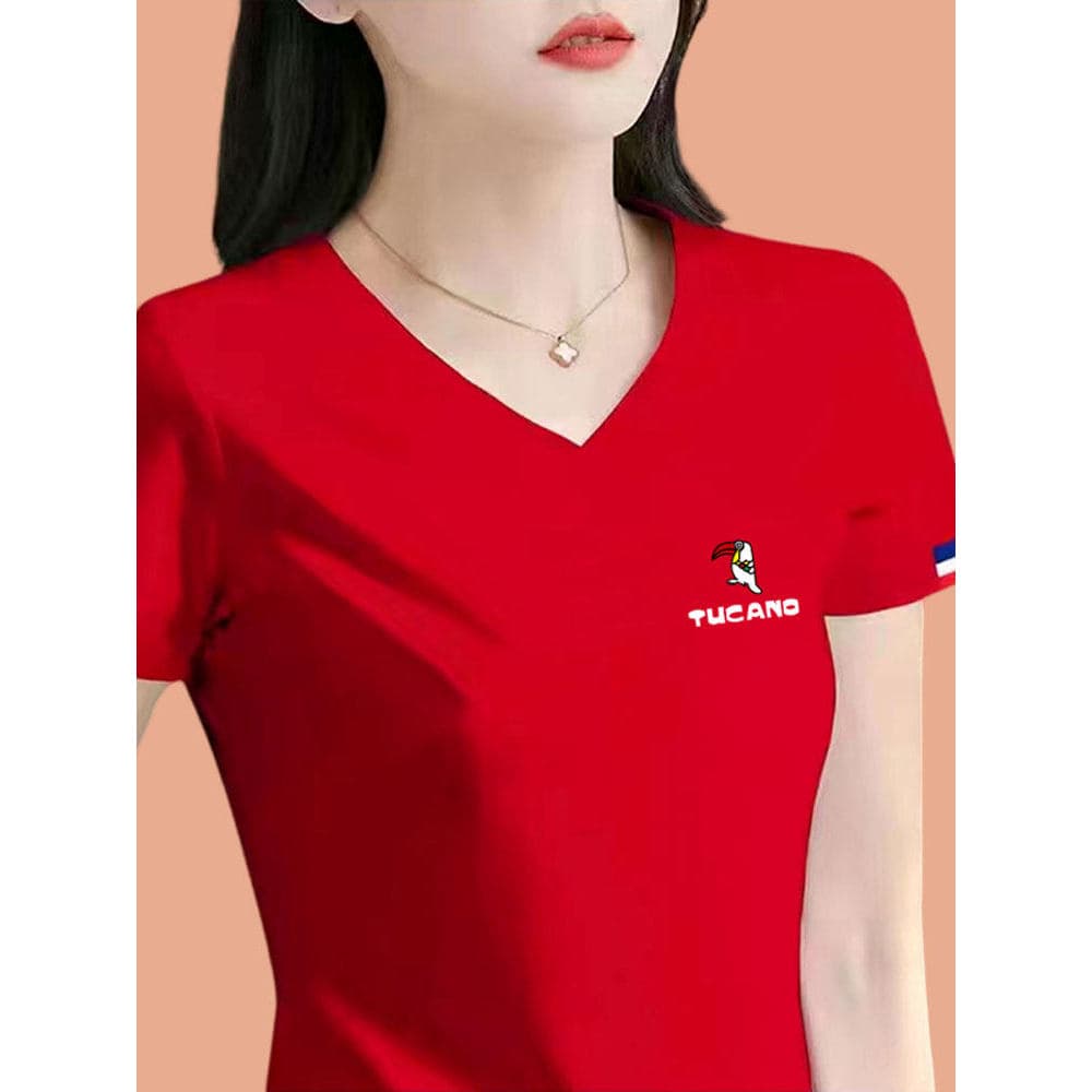 Woodpecker genuíno puro algodão com decote em V camiseta feminina verão meia-idade idosos Plus Size feminino Casual All-
