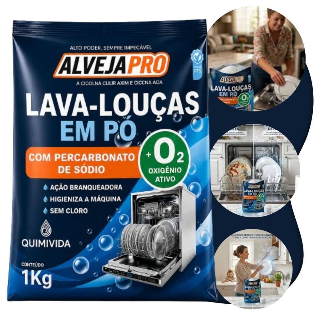 🍽️ Lava Louças em Pó AlvejaPro 🍽️ 1kg Máquina de Lavar Louça Roupa Limpeza Brilho