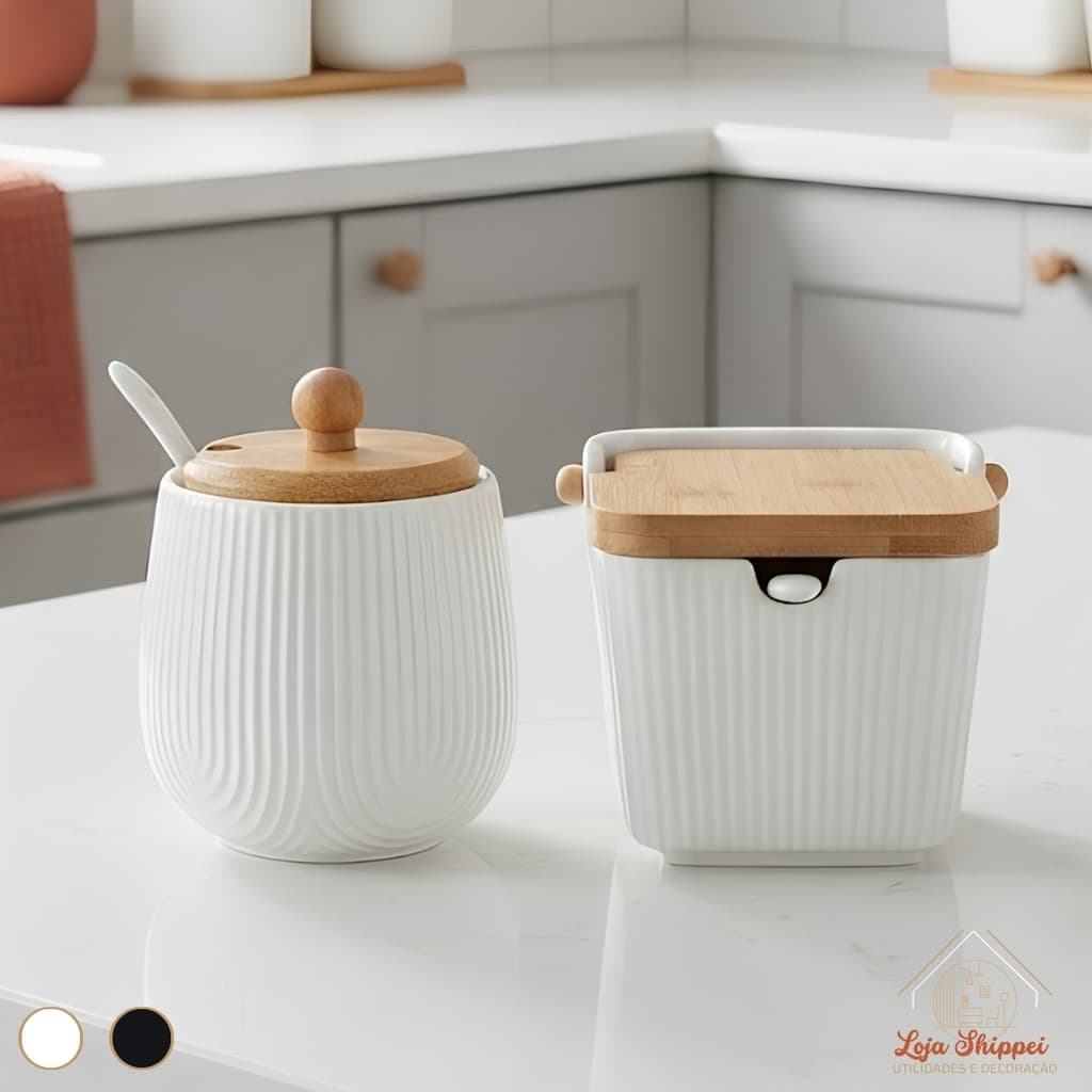 Açucareiro e Saleiro de Cerâmica Oásis Tampa de Bambu com Colher Luxo Minimalista