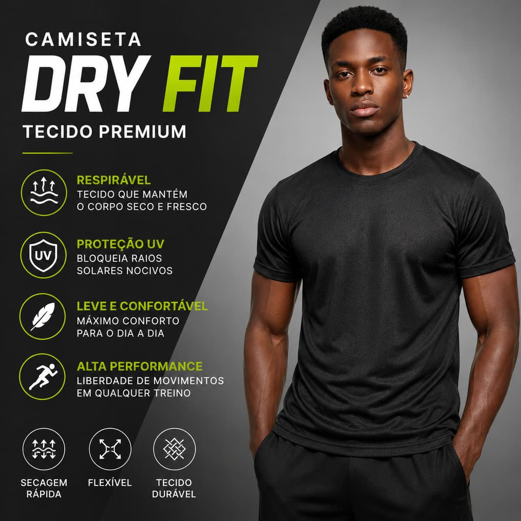 Camiseta Dry Fit Tecido UV Respirável Esportiva Sport Academia