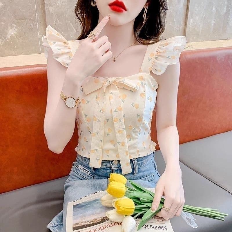Camisa de Chiffon camisola doce verão Bowknot pequena manga voadora pescoço quadrado Design Floral estilingue verão exte