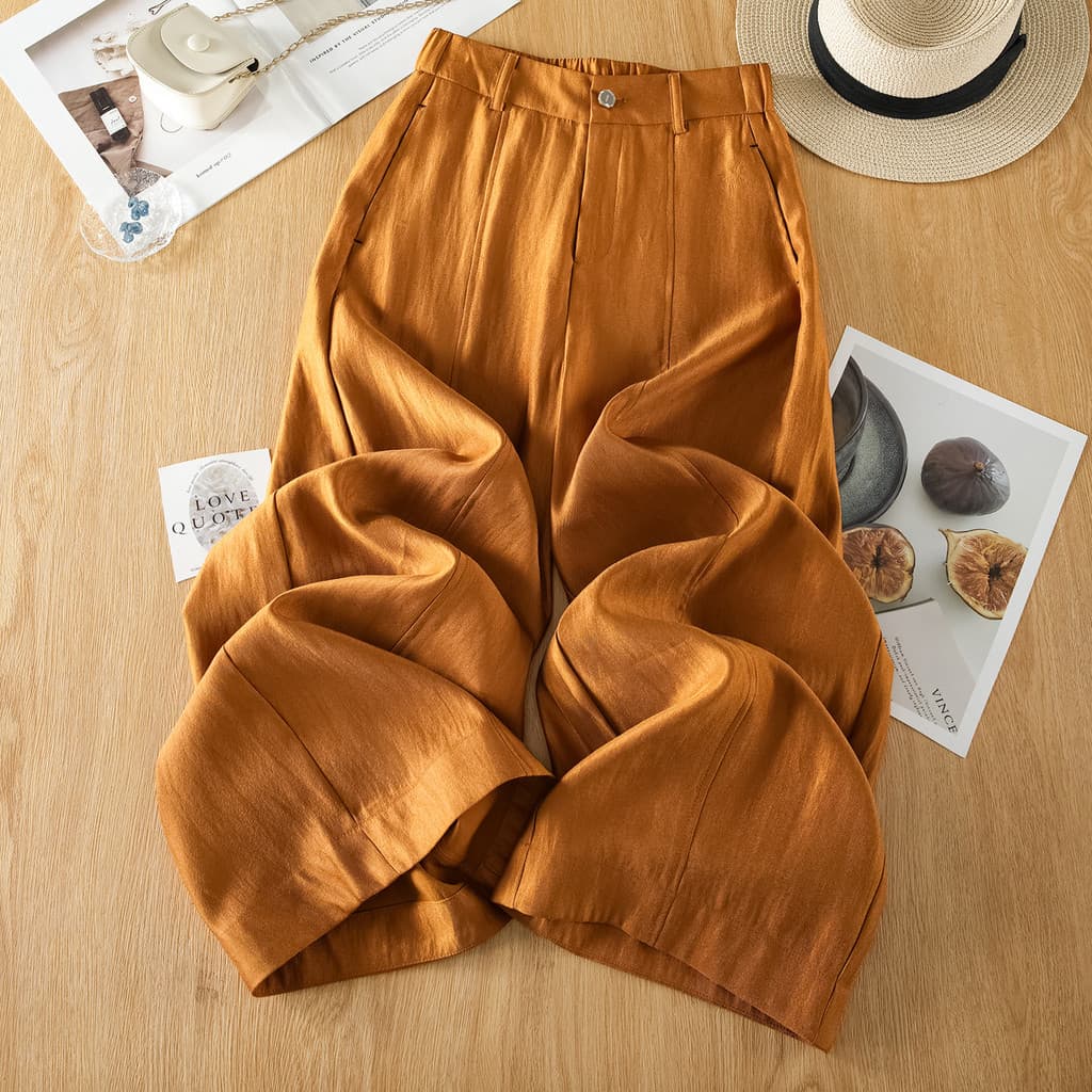 2026 verão novo estilo Drape gelo seda calças de perna larga feminino estilo fino cintura alta volta elástica solta Casu