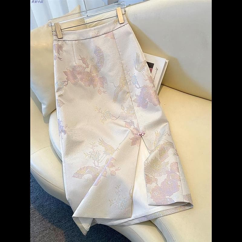 Novo estilo chinês estilo chinês saia de meio comprimento feminina verão 2024 novo estilo mais magro olhar bordado Split