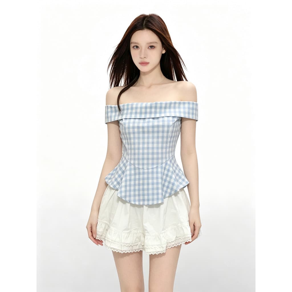 VERUMI puro desejo estilo fora do ombro azul xadrez manga curta camiseta feminina verão único bonito topo de um ombro